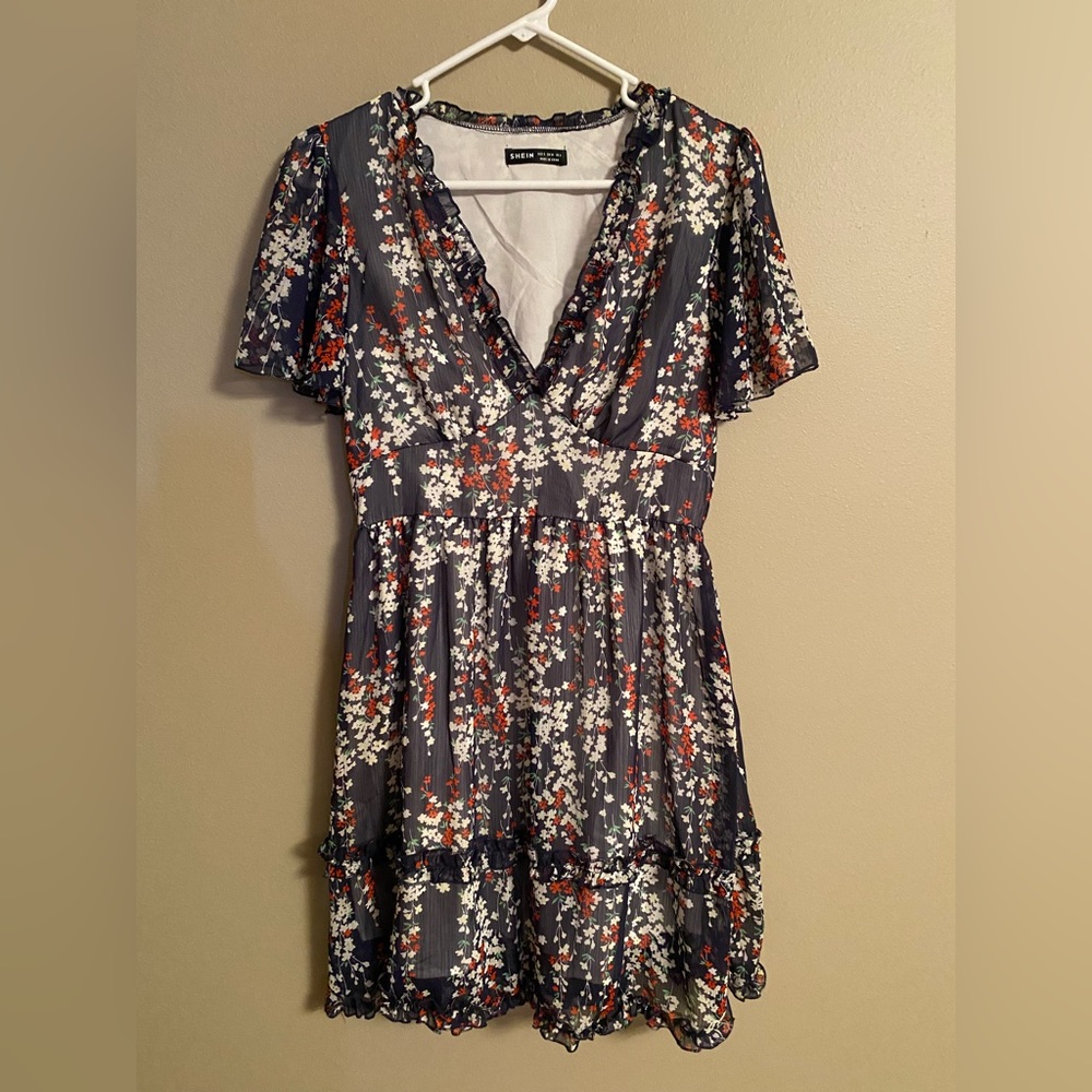 Red white and blue floral dress.